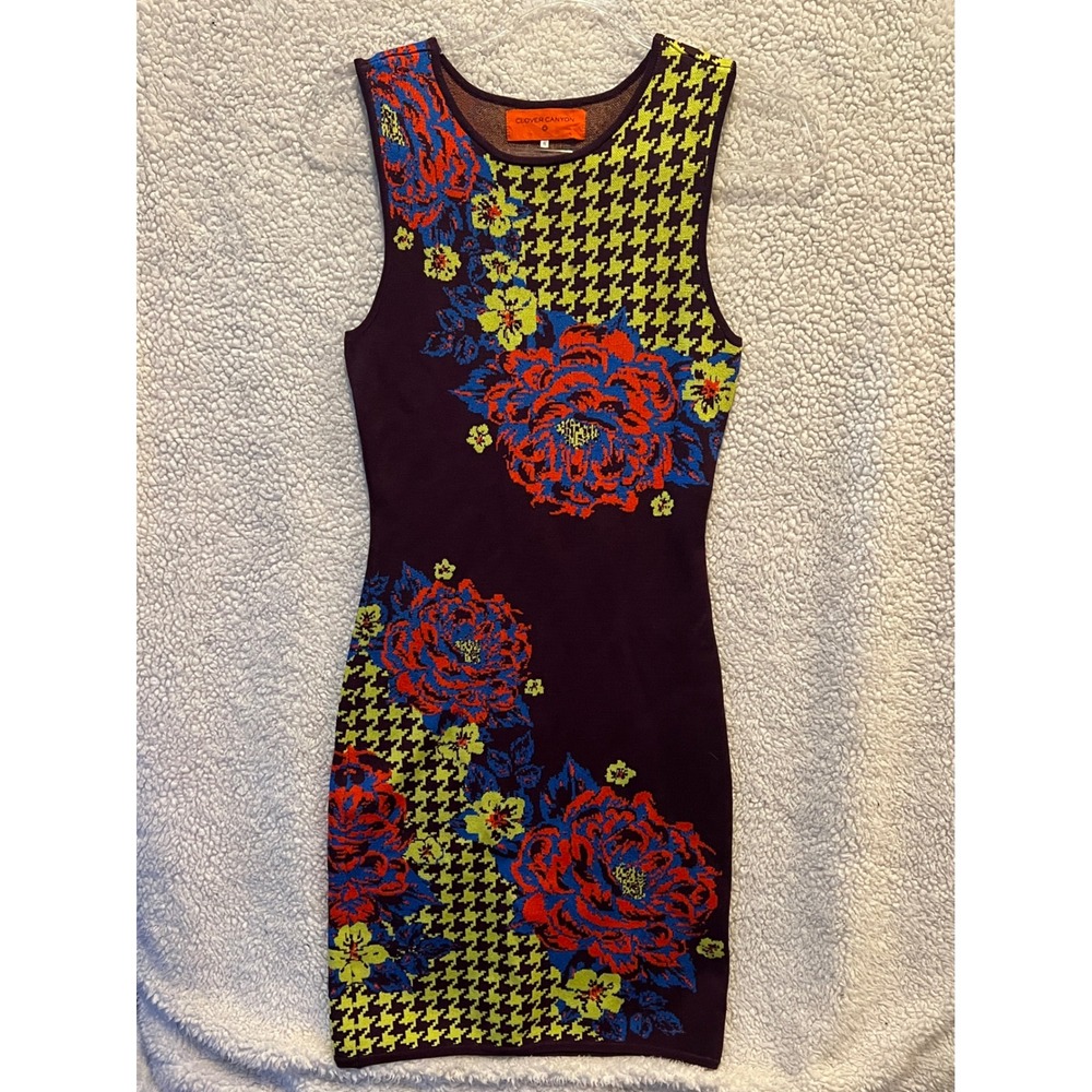 Clover Canyon Womens Purple Floral Houndstooth Knit Bodycon Dress Wedding Size S